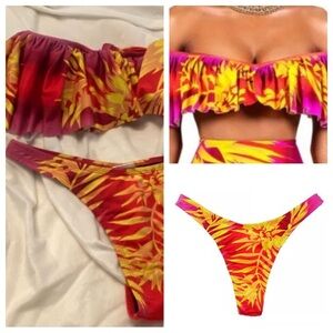 New! BFyne Tropical Pink Yellow off shoulder thong Bikini 3467